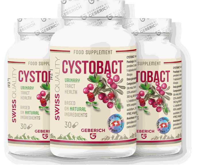 Trois flacons de Cystobact de 30 gélules, complément alimentaire Geberich fabriqué en Suisse
